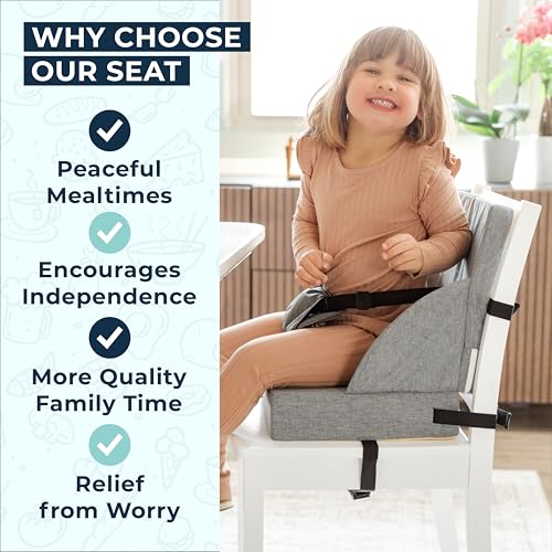 Image of Toddler Booster Seat for Dining Table Kitchen Chair - High Portable Cushion Child Kids Seats, Restaurant Eating Chair with Adjustable Straps & Non-Slip Base