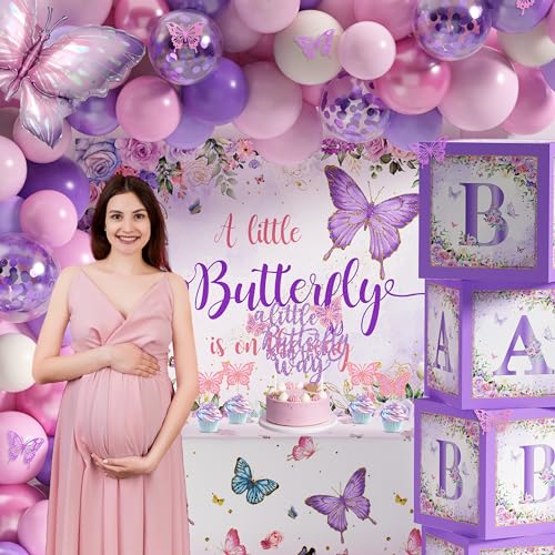 Image of TREWAVE Butterfly Baby Shower Decorations for Girls A Little Butterfly Is On The Way Party Backdrop Cake Toppers Stickers Pink Purple Balloons Boxes for Girl Birthday Baby Shower Decor