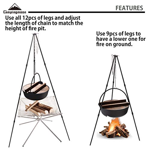Campingmoon Camping-Feuer-Stativ mit Tragetasche, tragbar, leicht, Aluminium, 105 cm Höhe, Edelstahlkette