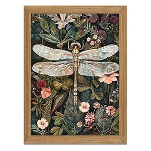 Framed Vintage 3D Textured Wall Art – Dark Green Dragonfly Flowers Wall Decor – Hand Drawn Sandstone Nature Botanical Pictures for Living Room Bedroom Home Decor 12x16in