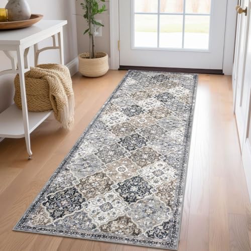 KILOCOCO 2x6 Runner Rug, Moroccan Super Soft Washable Hallway Runner Rug, Accent Print Faux Wool Kitchen Runner Rug 6 Feet Non-Slip Boho Rug Runner for Laundry Room Bedroom, Greenish Gray Beige