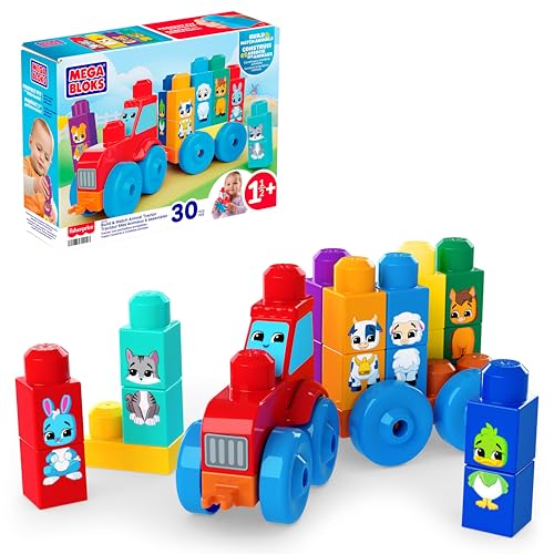 MEGA BLOKS Tracteur Mes Animaux à Assembler, Coffret de Blocs de Construction pour Tout-Petits, avec 30 pièces pour découvrir Les Animaux et Les Couleurs, Rouge et...