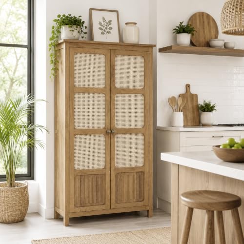 Image of The Attic Crestwood 2 Door Kitchen Cabinet, Multipurpose Cabinet for Bedroom Living Room Study bar, Solid Wood Bookshelf Kitchen Cabinet, Light Teak Matte Finish Cane