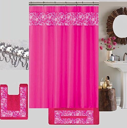 BH Home & Linen 15 Piece Floral Embroidery Banded Bath Set 1 Large Bat Mat 1 Contour Mat 12 Pc Metal Roller Ball Shower Hooks (Orange)