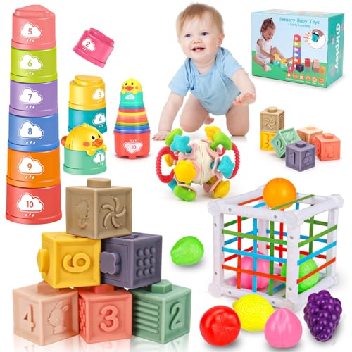 Montessori Baby Toys 6-12-18 Month, Infant Teething Toys Shape Sorter Bin Stacking Cups Blocks for toddlers 1-3, Sensory Educational Learning Toy for 6 7 8 9 10 Month Old Girl Boy 1 2 Year Old Gifts
