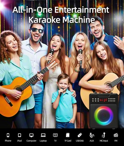 Image of Karaoke Machine for Adults, Portable Bluetooth Speaker with 2 Wireless Microphones and Lights Show, Karaoke Speaker with Bass & Treble, Supports for TWS,USB,FM,REC,AUX in,TF Card for Party /Meeting