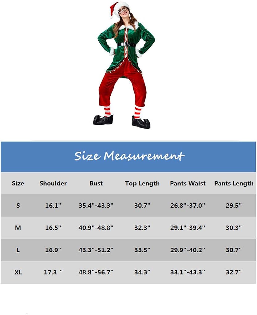 Miniatura 4 de GRACIN Disfraz unisex de elfo de Navidad, 6 piezas de Santa's Helper Green Elf Cosplay terciopelo adulto