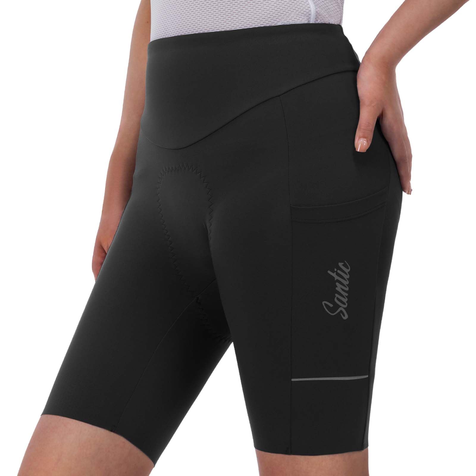 Santic Pantalones cortos de ciclismo para mujer, acolchados, con asiento acolchado, bolsillo lateral