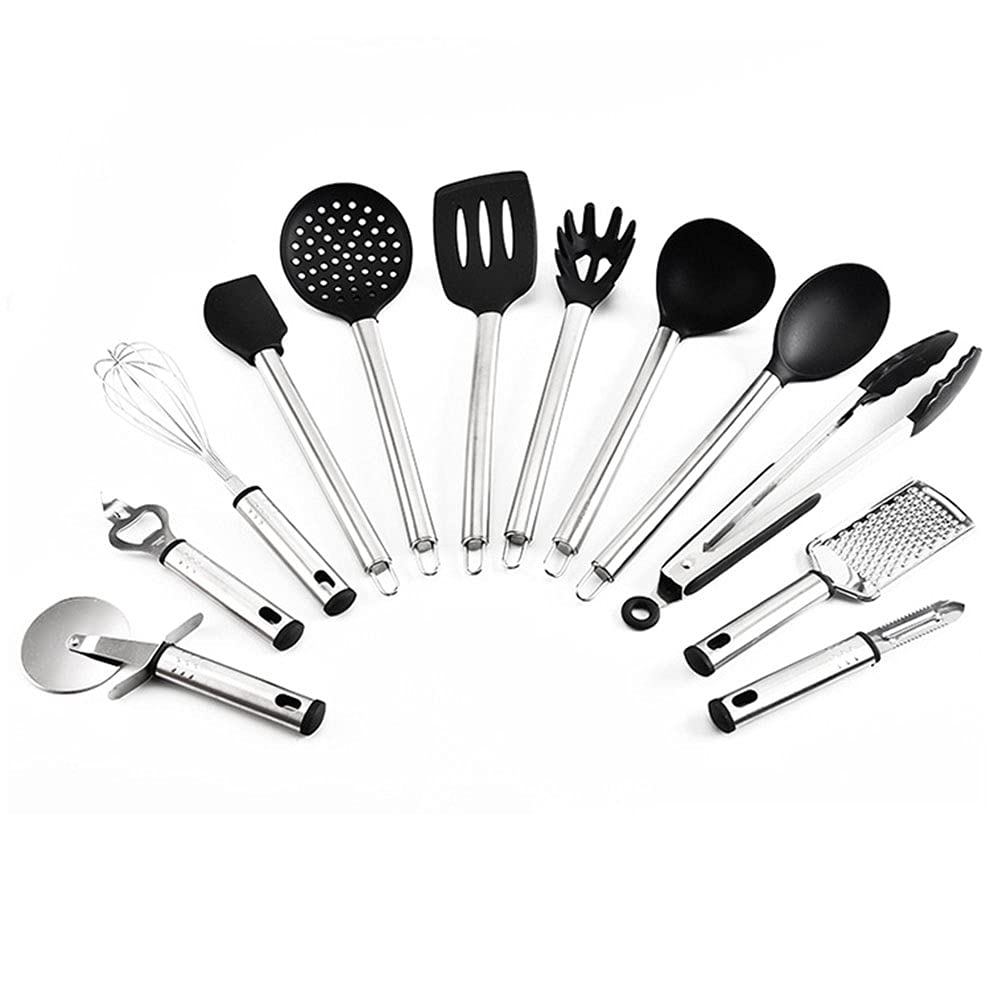 Küchenhelfer aus Silikon, schwarz, antihaftbeschichtet, Küchenspatel, Pfannenwender, Zubehör, hitzebeständige Sets von Edelstahlgriff, Cookware