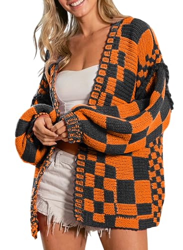 SELINK Women's Cardigan Sweater Vintage Halloween Orange Open Front Mixed Checkered Pattern Chunky Knit Plaid Long Sleeve Daily Outwear XL