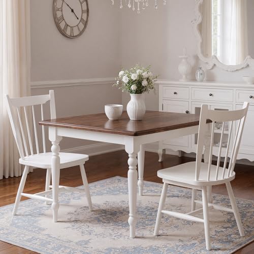 Image of HNY White Windsor Dining Chairs Set of 2, Farmhouse Wooden Kitchen Chairs with Spindle Back, Mid Century Modern Armless Kitchen Side Chair for Dining Living Room Restaurant