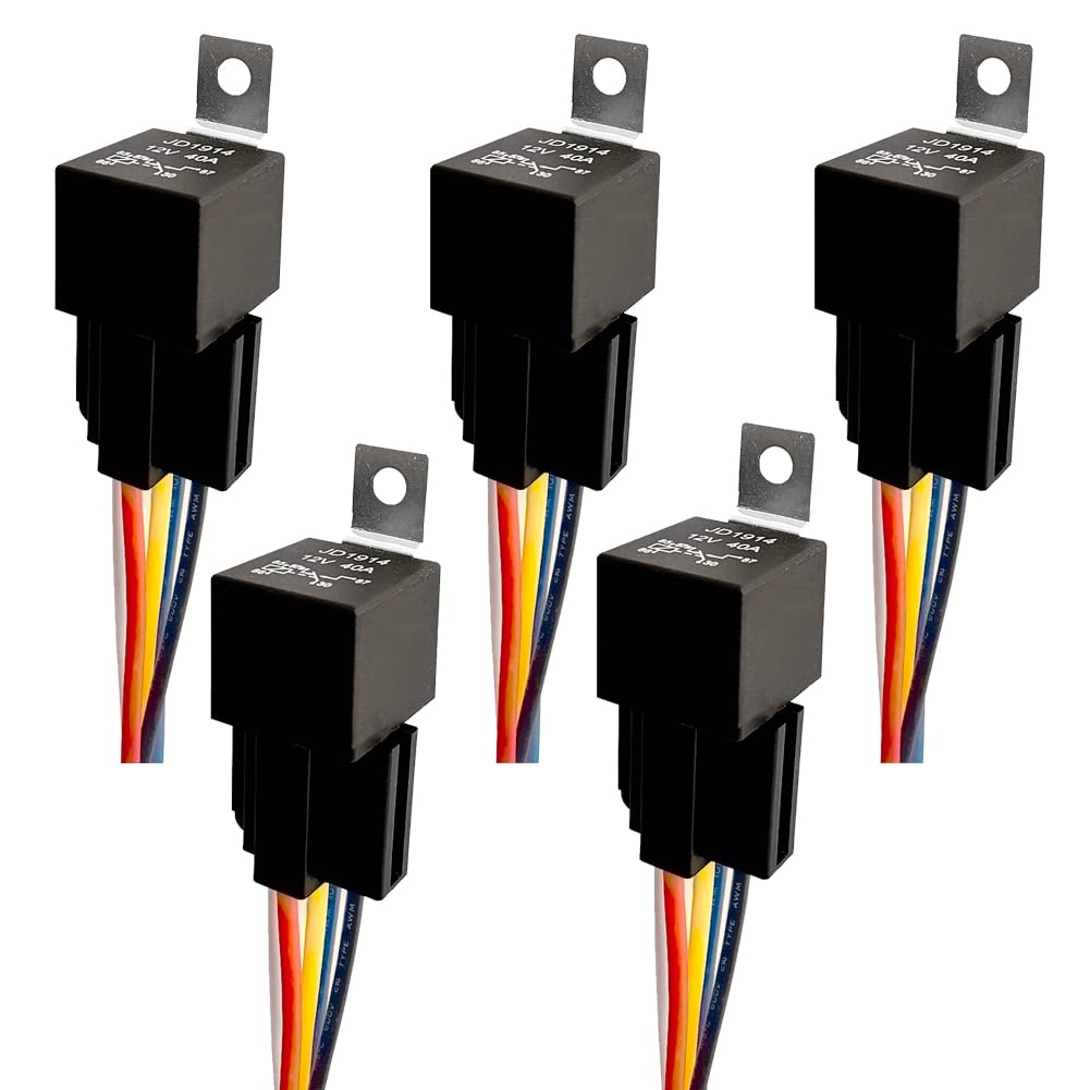 12V 5pin 40A Car Relay with SPDT Harness Sockets Color-Labeled Wires for Automotive Truck Van Motorcycle Boat, Replaces Type: JD-1914(5pcs) Waterproof Relay Socket