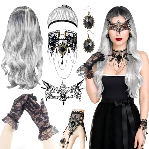 Halloween Perücke Damen Silbergrau - Ombre Lang Locken mit Haarnetz Ohrring Halloween Accessoires, Atmungsaktiv, Leicht, Natürliche Haaroptik, Optimal für Cosplay, Events und Festliche Anlässe