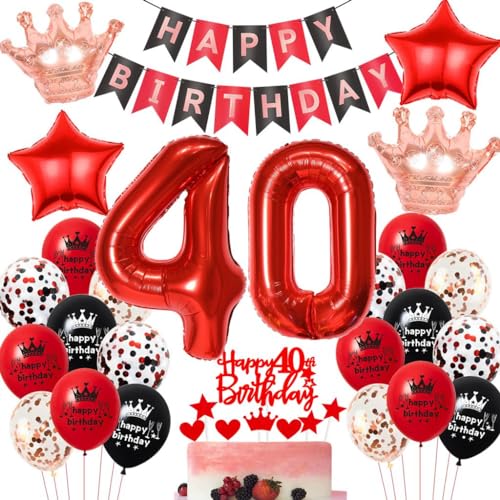 Decoración 40 Cumpleaños Mujer   Globos y Accesorios en Rojo y Negro para Fiesta de 40 Años