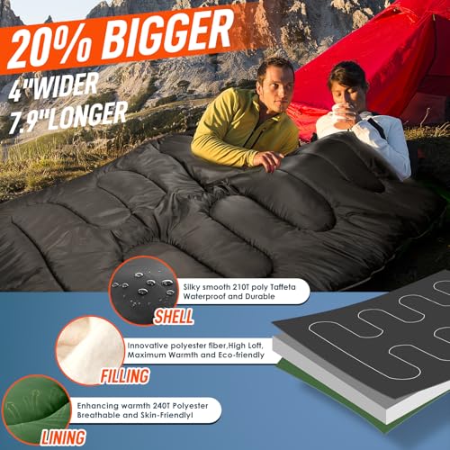 Image of MEREZA Double Sleeping Bag for Adults Mens with Pillow, XL Queen Size Two Person Sleeping Bag for All Season Camping Hiking Backpacking 2 Person Sleeping Bags for Cold Weather & Warm