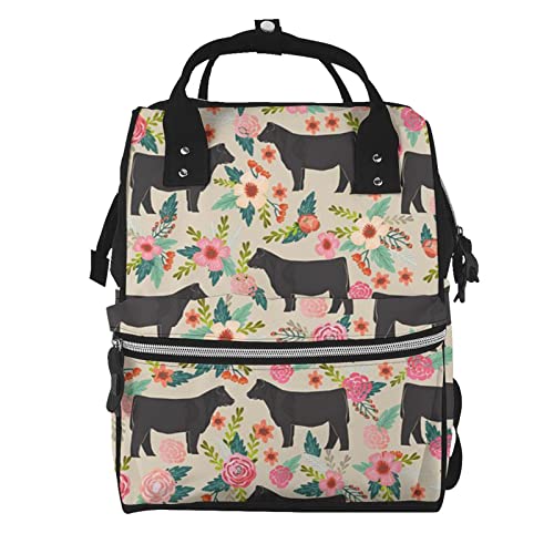 Manluu-Pink-Flower-Show-Steer-Cows-Cattle-Printed-Diaper-Bag-Organizing-PouchesLarge-Capacity-Multifunction-Diaper-Bag-Backpack-For-Baby-Girls-Boys