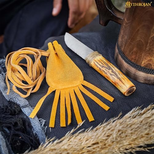 Image of Mythrojan Small Trinket Pouches Suede Leather Drawstring Coin & Dice Bags for LARP, SCA, Viking & Medieval Events Yellow- pack of 4