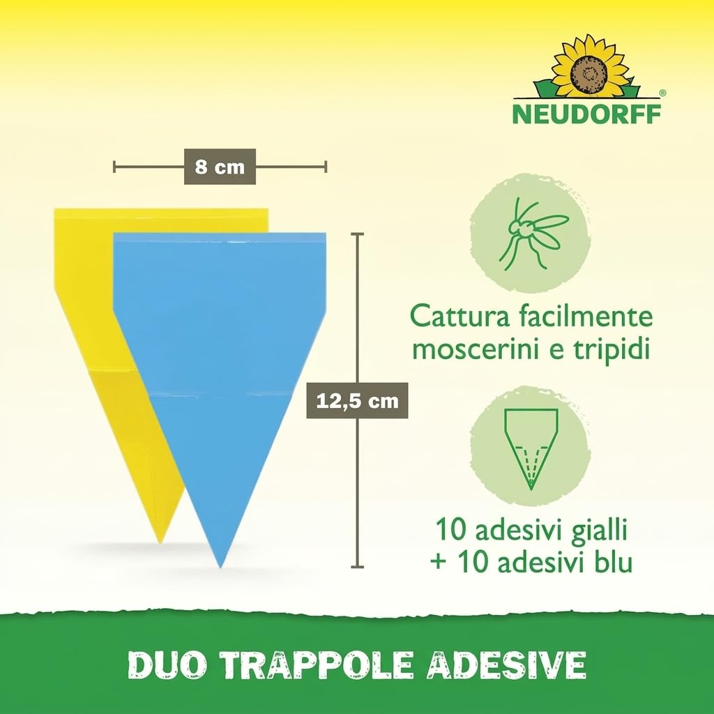 Neudorff Duo Sticky Traps – Trappole adesive blu contro i tripidi e trappole adesive gialle contro i moscerini sciaridi. Senza insetticidi, 20 pezzi