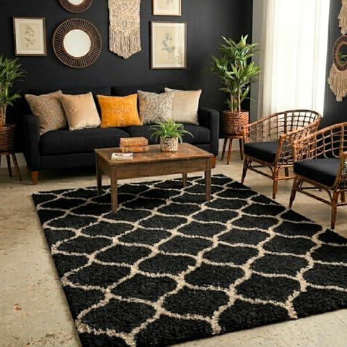 Image of Ultra Premium Shaggy Polyester Micro Rug | Super Soft Fluffy Carpet | Non-Slip Washable Area Rug for Bedroom Living Room - (Black M, 6x9 feet, Rectangular)