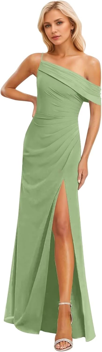 One Shoulder Backless Bridesmaid Dresses for Women Long A Line Evening Gown with Slit Formal Prom Dresses