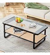 LUSPAZ Rattan Coffee Table with Tempered Glass Top and Rattan Storage Shelf, 45 Inch Rectangular ...