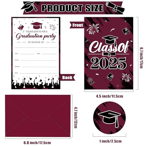 Graduation Party Invitations 36 PCS 2025 Maroon Invite Card with Envelopes Burgundy Announcement Card for Class of 2025 College University Celebration