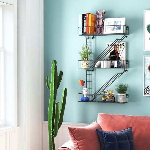 Image of Black Metal Fire Escape Wall Shelf, Unique Decorative Shelves for Wall, New York Shelf Ladder Storage, Funky Knick Knack Shelf Organizer, Industrial Wall Shelves for Bathroom,Living Room
