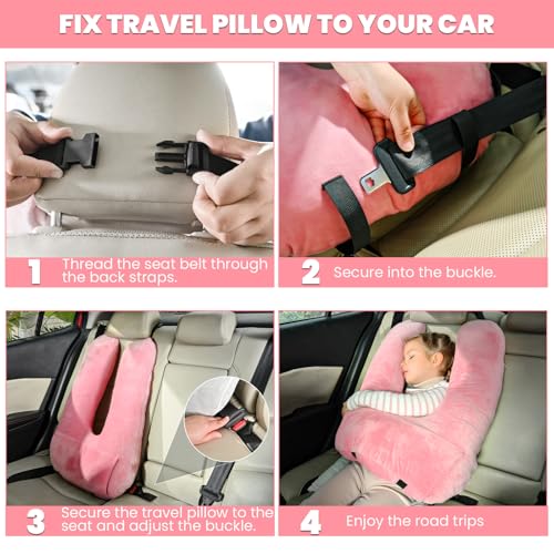 Image of Travel Pillow, Car Pillow for Kids & Adults, Kid Travel Sleeping Pillows for Neck & Body Support, Car Travel Essentials Pillow on Road Trips, Pink