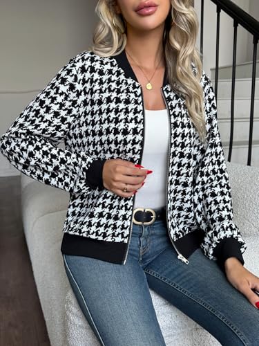 utcoco Womens Houndstooth Zip Up Bomber Jacket Casual Lightweight Wool Coats 2025 Fashion Fall Outfits for Women4