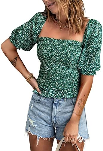 EVALESS Womens Tops Off Shoulder Blouses Short Sleeve Clothes for Women Fashion 2023 Spring Summer Vintage Floral Square Neck Elegant Ladies Green Tops and Blouses for Women Business Casual, X-Large