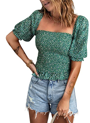 Evaless Womens Tops Off Shoulder Blouses Short Sleeve Clothes For Women Fashion 2023 Spring Summer Vintage Floral Square Neck Elegant Ladies Green Tops And Blouses For Women Business Casual, X-Large #TOP9