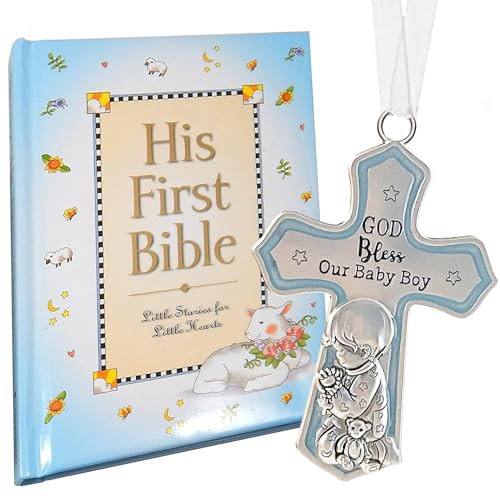 Image of elskandi Baby Boy First Bible and Catholic Baptism Crib Cross Set for Boys, Catholic Baptism Gifts for Boys Christening and Dedication Baptismal Gifts from Godparents