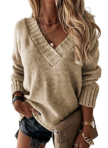 Image of Womens Loose Sweaters Sexy V Neck Long Sleeve Solid Knitted Jumper Pullover Sweatshirt Tops