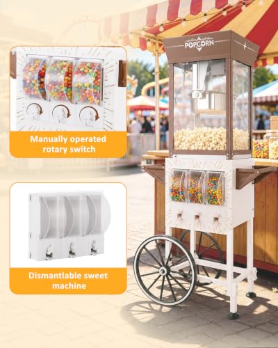 Image of 12 Oz Popcorn Machine with Candy Dispenser for Home Party Office | White, Stainless-Steel, Vintage Commercial Popcorn Maker with Storage Cabinet, Movie Theater Style, Makes Up to 32 Cups