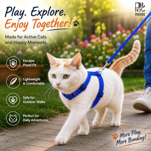 Image of PetVogue Basic Full Body Cat Harness with Leash Set for Walking for Cats Adjustable Soft Sturdy Escape Proof Kitten Vest Harness and Leash with Reflective Strip for Large Medium Small Cat (Blue)