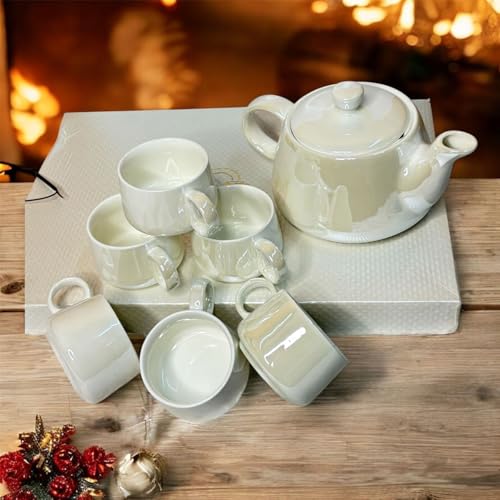 Image of DMRD MART-Porcelain Tea Set with Kettle |Tea Cup Set 7Pc | Aesthetic and Classic Cups Set | Premium Crockery for Home & Gifting with Golden Color Geometric Pattern Design. (Pearl White)
