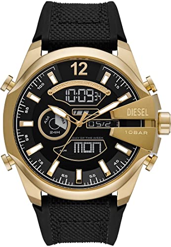 Diesel Mega Chief reloj para hombre, Movimiento Ana-Digi con correa de silicona, acero o piel, Tono dorado y negro, 51MM