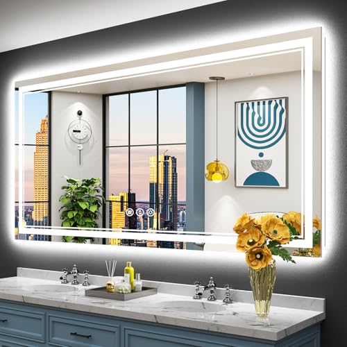 Image of 72x36 LED Bathroom Mirror with Lights, Backlit and Front Lit Anti-Fog Lighted Vanity Mirrors for Bathroom Wall, Dimmable, 3-Color Light, Memory, Shatter-Proof, HD Tempered Glass, CRI＞90