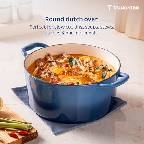 Image of TRAMONTINA Bestow Round Dutch Oven 3.3L with Lid | Enameled Cast Iron Casserole Pot & Biryani Pot | Even Heat Retention | Low Oil Healthy Cooking | No Seasoning Required | All Cooktops Compatible | Blue