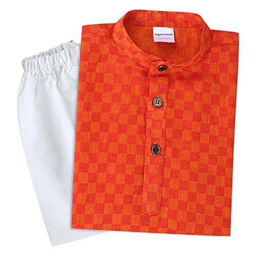 Image of superminis Baby Boys Traditional Ethnic Wear Handloom Cotton Solid Pattern Kurta With White Pyjama Set