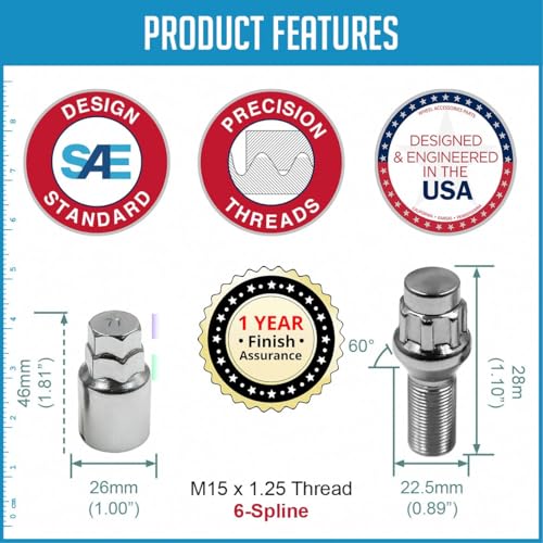 Image of Wheel Accessories Parts 4 Locks + Key M15x1.25 15x1.25 Thread Acorn Seat Lug Bolt Lock Dual Hex Key 17 inch and 19 inch 28mm Thread Length Chrome Lug Nuts for 2019+ Mercedes GLE GLS 2021+ Maybach GLS