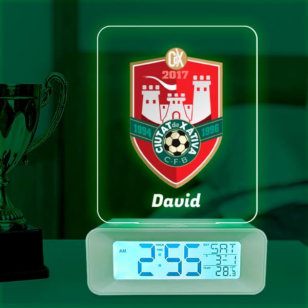 Transparent Gift Reloj Despertador Personalizado con Luz. Diseño Fútbol con Tu Escudo y Nombre. Lámpara Nocturna para Mesita Noche. Regalos Originales Personalizados Cumpleaños para Niños y Jóvenes