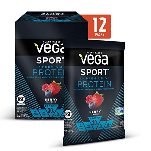 Vega Sport Premium Protein Powder, Berry, Plant Based Protein Powder Post Workout - Certified Vegan, Vegetarian, Keto-Friendly, Gluten Free, Dairy Free, BCAA Amino Acid (12 Count Single Serve Packs)