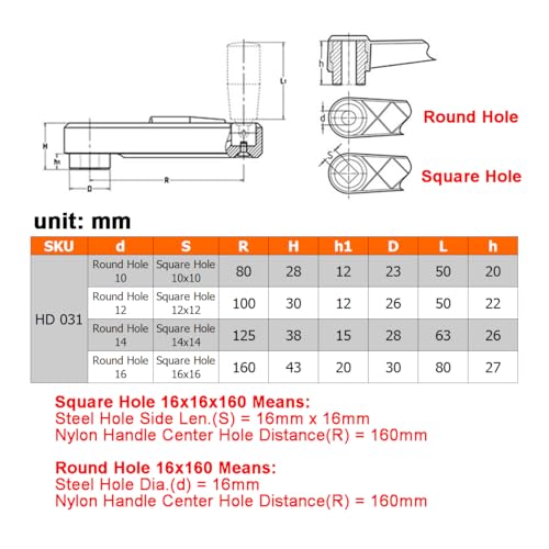 Image of 6.3inch Nylon Foldable Crank Handle Hidden Style Drill Press Revolving Handle with Round or Square Installation Hole for Industry Lathe Milling Grinding Machine (Square Hole 16x16x160)