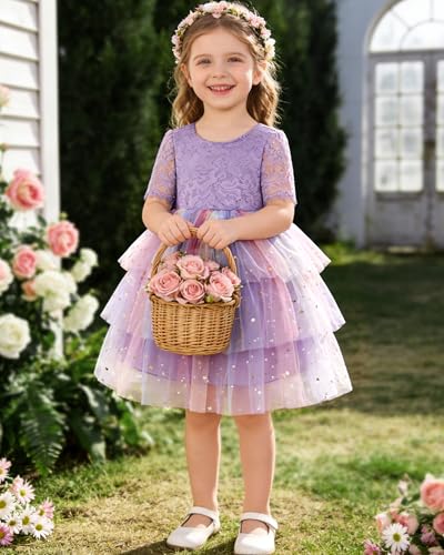 Coedody Toddler Flower Girl Dress 2-8Y Embroidered Lace Back V-Neck Tulle Dress for Party Wedding Tea Party — view 5