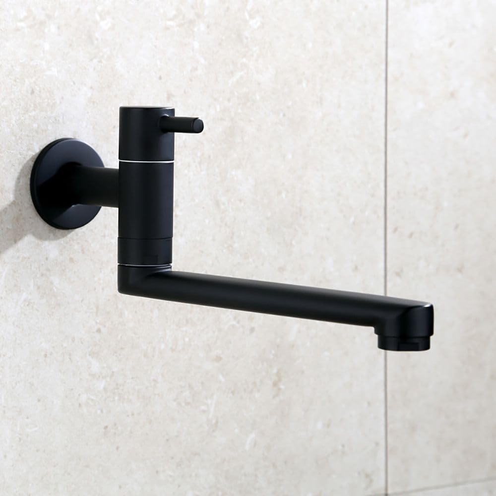 HomeLava Rubinetto da cucina, montaggio a parete, solo acqua fredda, rubinetto da parete, rubinetto per acqua fredda con 360 rotante, beccuccio lungo 23 cm, in acciaio inox, nero