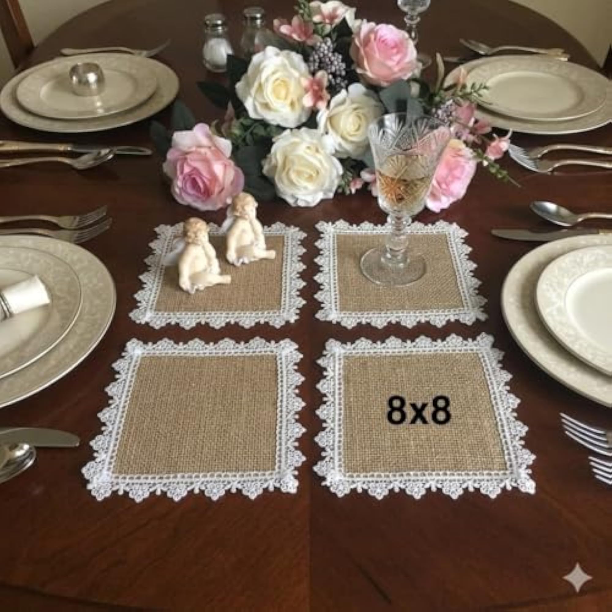 Burlap Placemats with White Lace Border, Set of 2, Rustic Style