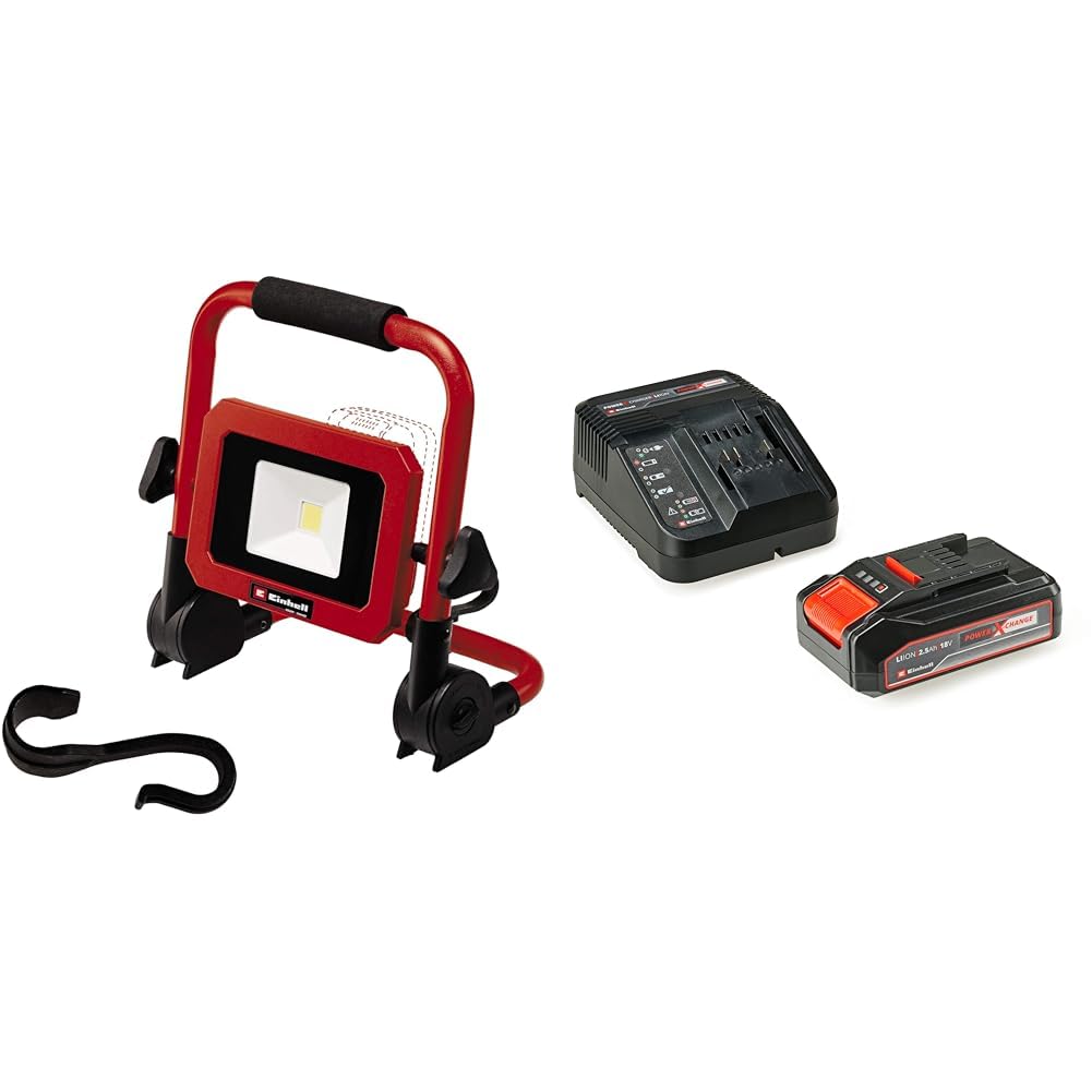 Einhell 4514115 Lampa, Czerwony/Czarny, ‎27,5 x 28 x 7 cm; 1,15 kg & Einhell Pxc Starter Kit Akumulator, Czarny, ‎10 x 15 x 11,3 cm; 820 g