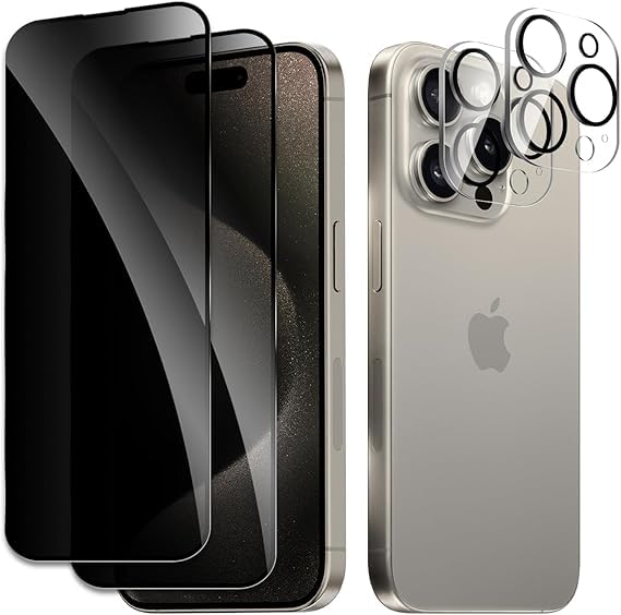 Image of [ 2+2 Pack Privacy Screen Protecor for iPhone 15 Pro Anti-Spy Shatterproof Tempered Glass with Camera Lens Tempered Glass 9H Hardness Bubble Free Anti-Glare Case Friendly