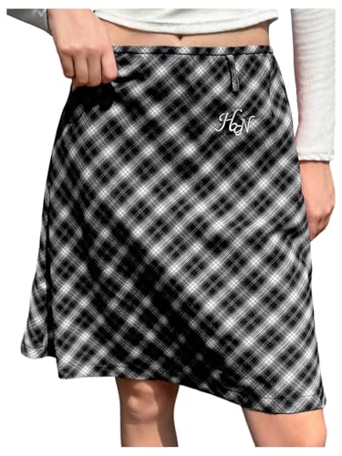 MakeMeChic Women's Plaid Midi Skirt Embroidery Ruffle A Line Knee Length Y2K Skirts